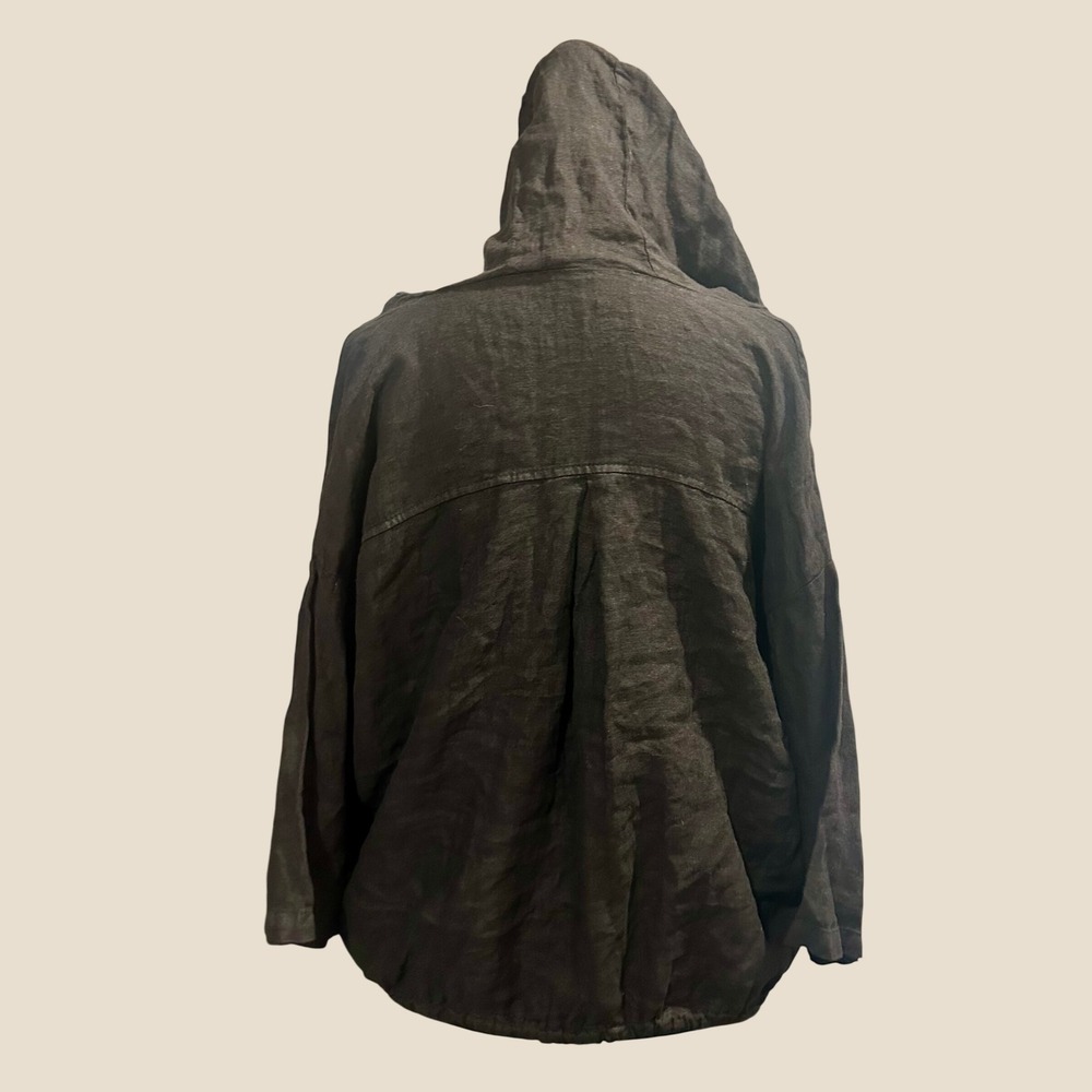 Liabella Black Linen Zip Up Hooded Jacket Boxy Relaxed Fit Three Quarter Sleeve - Picture 5 of 7